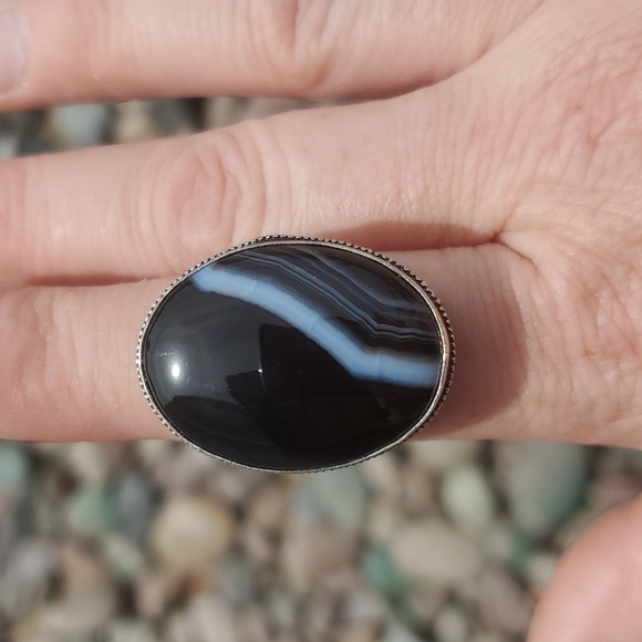 New Black Botswana Agate 925 Silver Ring. - Picture 13 of 16